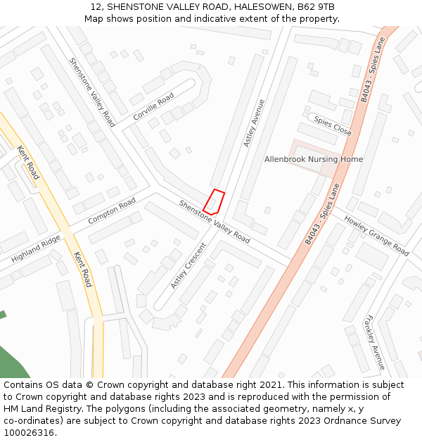 12, SHENSTONE VALLEY ROAD, HALESOWEN, B62 9TB: Location map and indicative extent of plot