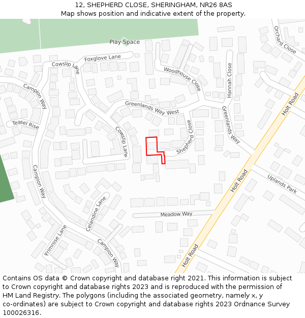 12, SHEPHERD CLOSE, SHERINGHAM, NR26 8AS: Location map and indicative extent of plot