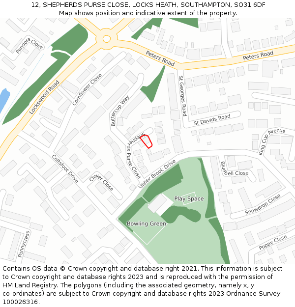 12, SHEPHERDS PURSE CLOSE, LOCKS HEATH, SOUTHAMPTON, SO31 6DF: Location map and indicative extent of plot
