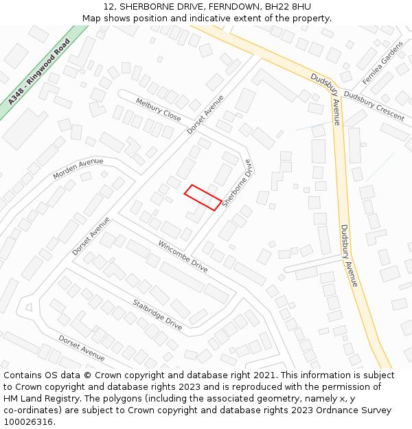 12, SHERBORNE DRIVE, FERNDOWN, BH22 8HU: Location map and indicative extent of plot