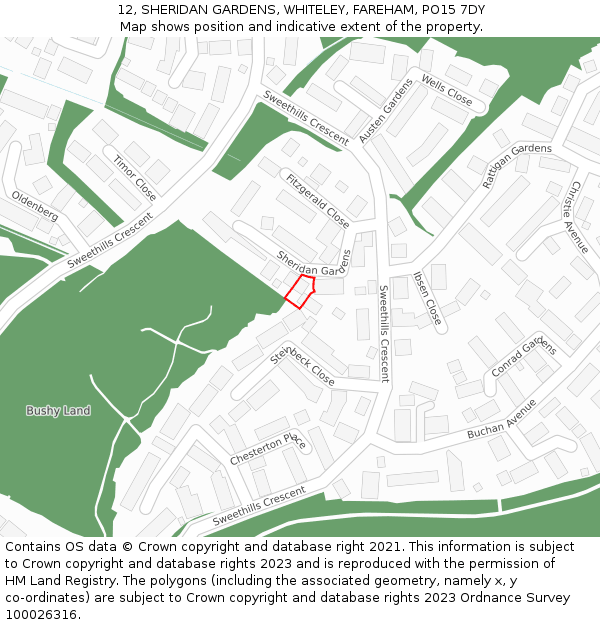 12, SHERIDAN GARDENS, WHITELEY, FAREHAM, PO15 7DY: Location map and indicative extent of plot