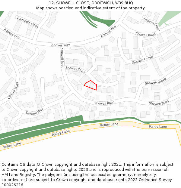 12, SHOWELL CLOSE, DROITWICH, WR9 8UQ: Location map and indicative extent of plot