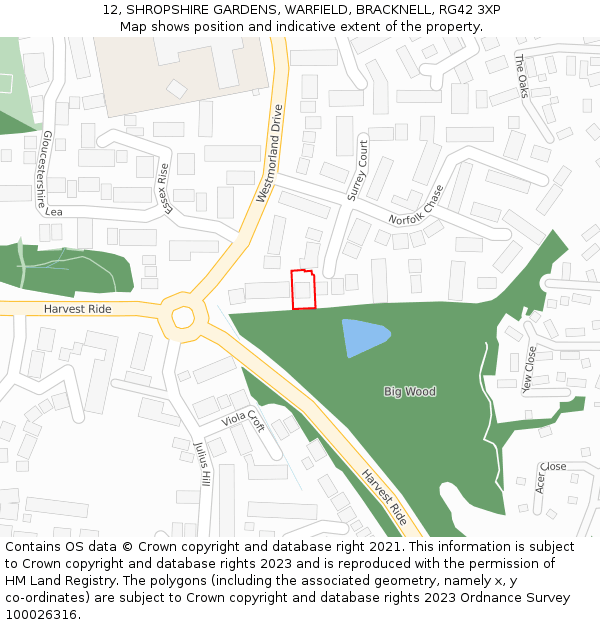 12, SHROPSHIRE GARDENS, WARFIELD, BRACKNELL, RG42 3XP: Location map and indicative extent of plot