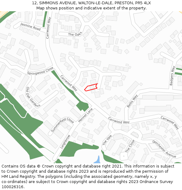 12, SIMMONS AVENUE, WALTON-LE-DALE, PRESTON, PR5 4LX: Location map and indicative extent of plot