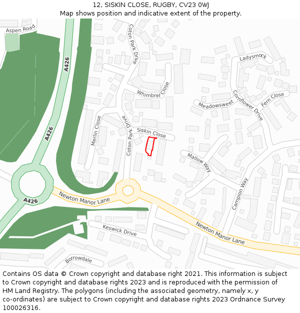 12, SISKIN CLOSE, RUGBY, CV23 0WJ: Location map and indicative extent of plot