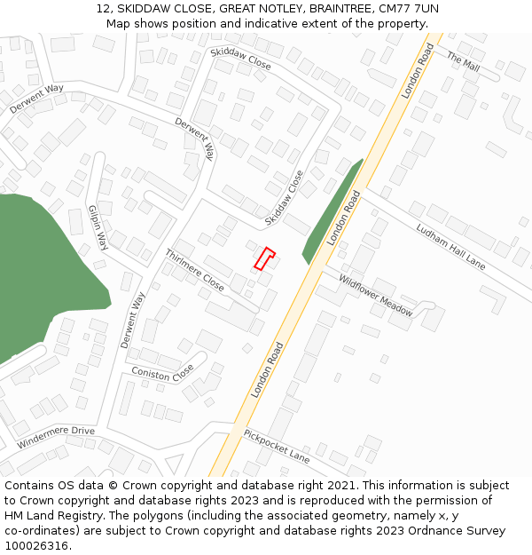 12, SKIDDAW CLOSE, GREAT NOTLEY, BRAINTREE, CM77 7UN: Location map and indicative extent of plot