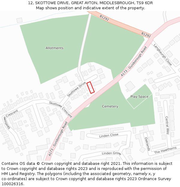 12, SKOTTOWE DRIVE, GREAT AYTON, MIDDLESBROUGH, TS9 6DR: Location map and indicative extent of plot