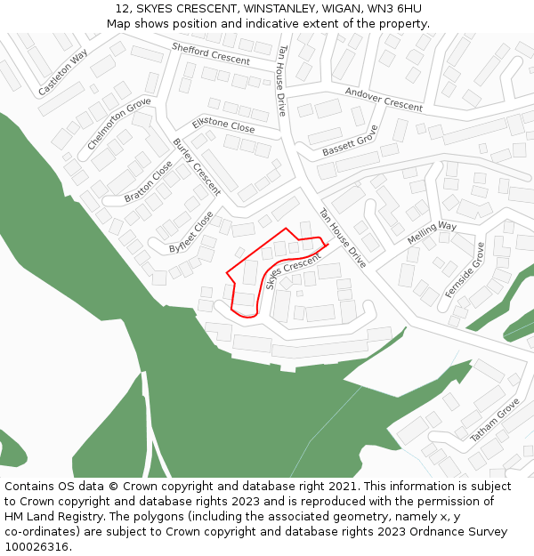12, SKYES CRESCENT, WINSTANLEY, WIGAN, WN3 6HU: Location map and indicative extent of plot