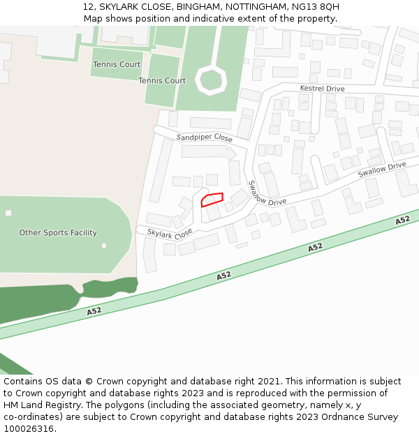 12, SKYLARK CLOSE, BINGHAM, NOTTINGHAM, NG13 8QH: Location map and indicative extent of plot