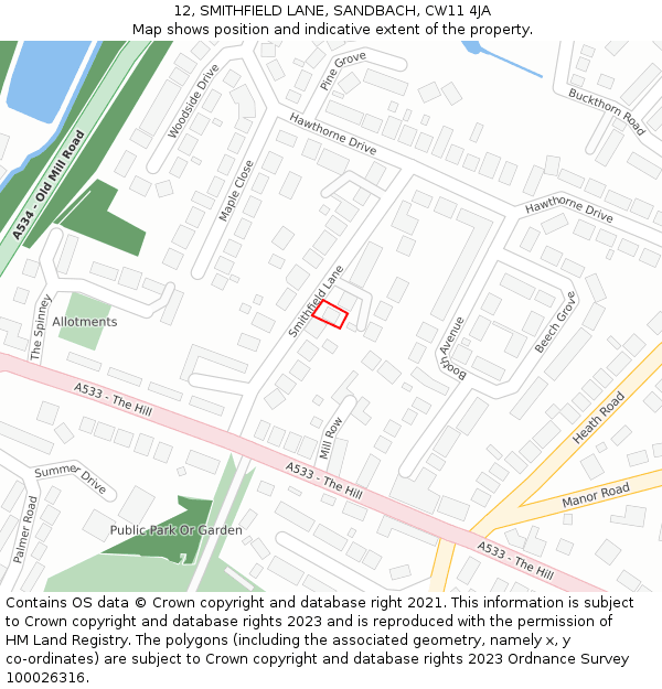 12, SMITHFIELD LANE, SANDBACH, CW11 4JA: Location map and indicative extent of plot