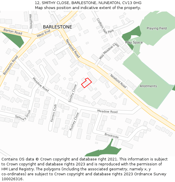 12, SMITHY CLOSE, BARLESTONE, NUNEATON, CV13 0HG: Location map and indicative extent of plot