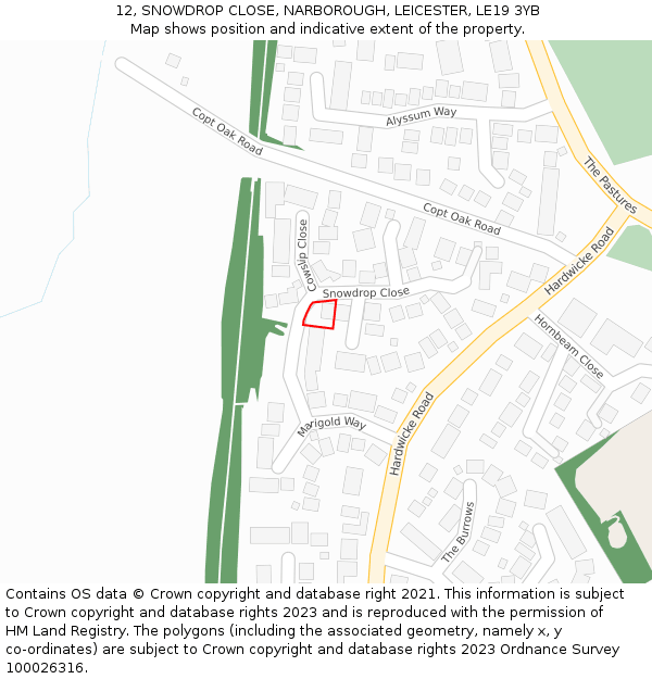 12, SNOWDROP CLOSE, NARBOROUGH, LEICESTER, LE19 3YB: Location map and indicative extent of plot