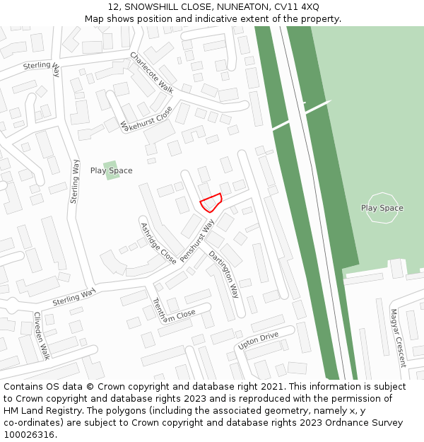 12, SNOWSHILL CLOSE, NUNEATON, CV11 4XQ: Location map and indicative extent of plot
