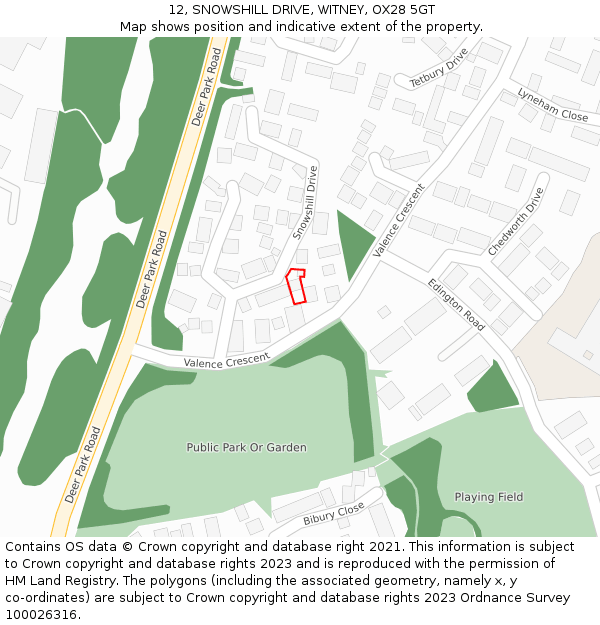 12, SNOWSHILL DRIVE, WITNEY, OX28 5GT: Location map and indicative extent of plot