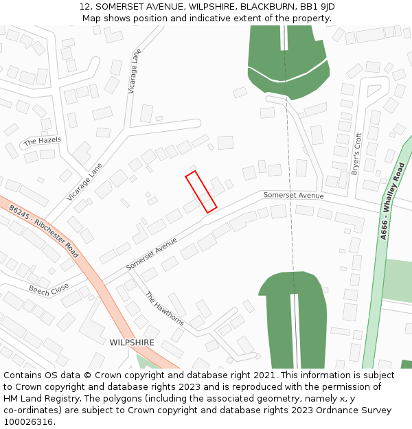 12, SOMERSET AVENUE, WILPSHIRE, BLACKBURN, BB1 9JD: Location map and indicative extent of plot