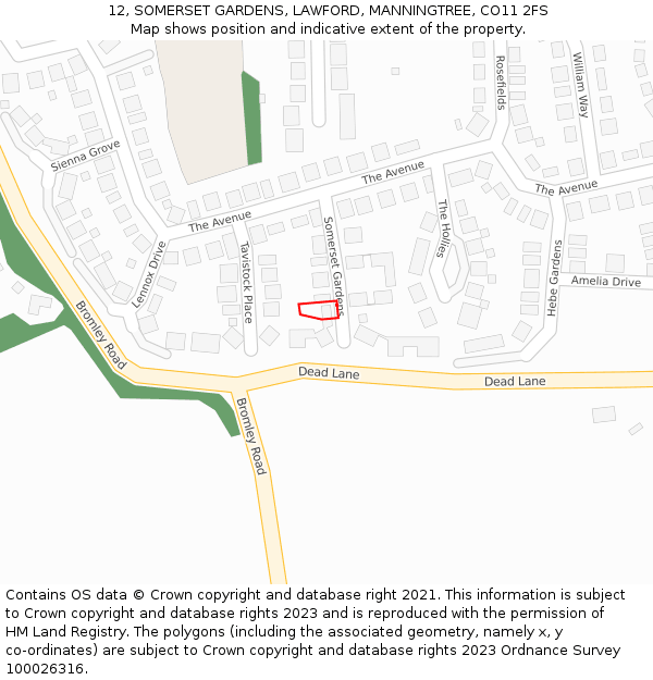 12, SOMERSET GARDENS, LAWFORD, MANNINGTREE, CO11 2FS: Location map and indicative extent of plot