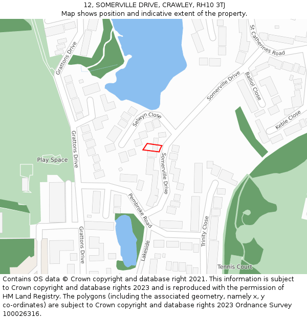 12, SOMERVILLE DRIVE, CRAWLEY, RH10 3TJ: Location map and indicative extent of plot