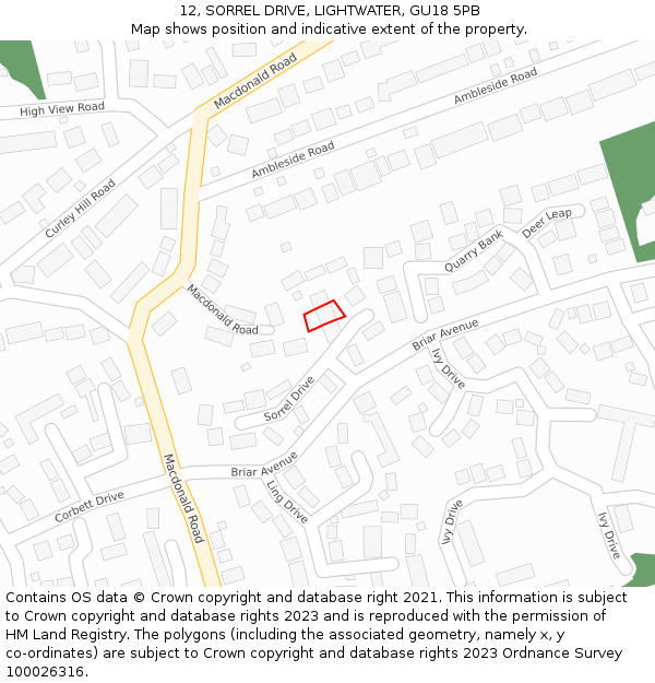 12, SORREL DRIVE, LIGHTWATER, GU18 5PB: Location map and indicative extent of plot