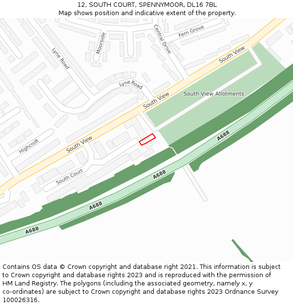 12, SOUTH COURT, SPENNYMOOR, DL16 7BL: Location map and indicative extent of plot