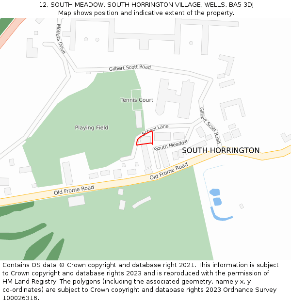 12, SOUTH MEADOW, SOUTH HORRINGTON VILLAGE, WELLS, BA5 3DJ: Location map and indicative extent of plot