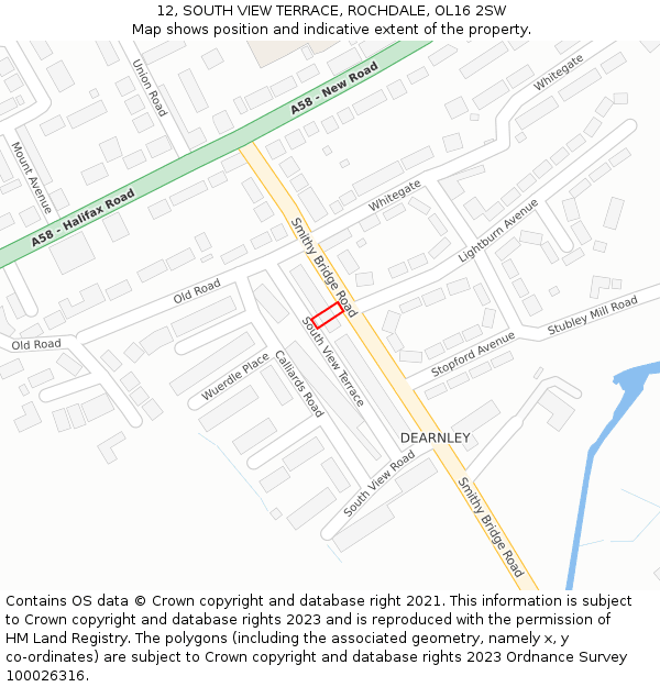 12, SOUTH VIEW TERRACE, ROCHDALE, OL16 2SW: Location map and indicative extent of plot