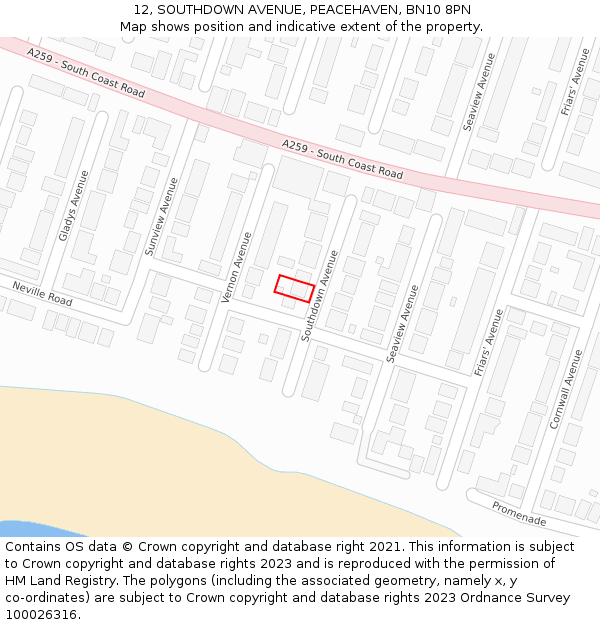 12, SOUTHDOWN AVENUE, PEACEHAVEN, BN10 8PN: Location map and indicative extent of plot