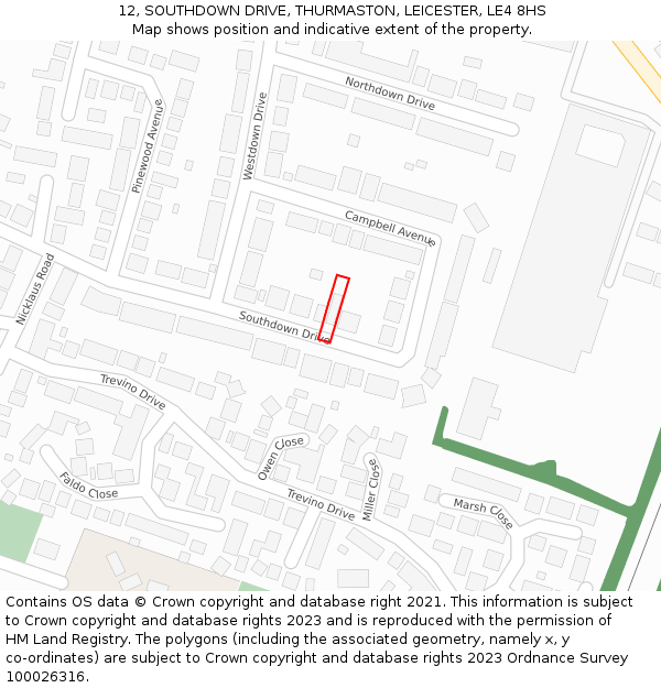 12, SOUTHDOWN DRIVE, THURMASTON, LEICESTER, LE4 8HS: Location map and indicative extent of plot