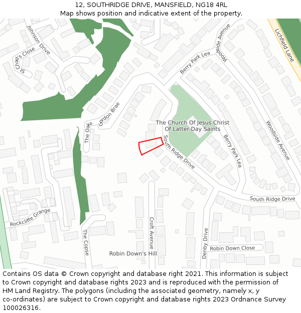 12, SOUTHRIDGE DRIVE, MANSFIELD, NG18 4RL: Location map and indicative extent of plot