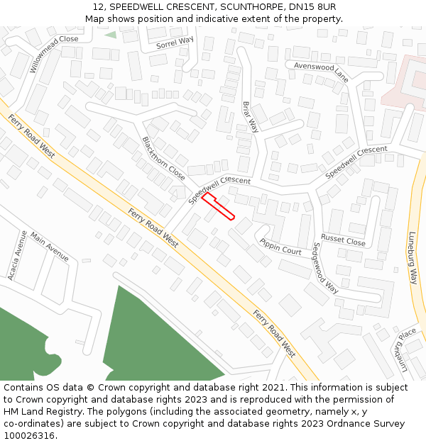 12, SPEEDWELL CRESCENT, SCUNTHORPE, DN15 8UR: Location map and indicative extent of plot