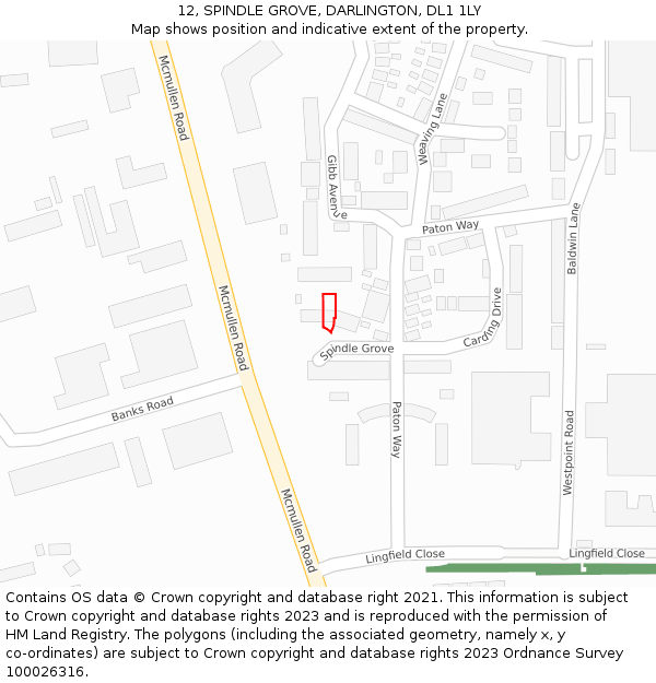 12, SPINDLE GROVE, DARLINGTON, DL1 1LY: Location map and indicative extent of plot