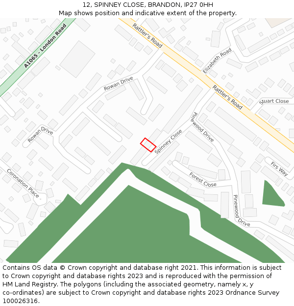 12, SPINNEY CLOSE, BRANDON, IP27 0HH: Location map and indicative extent of plot