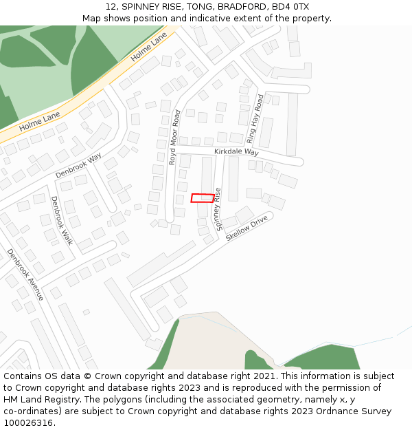 12, SPINNEY RISE, TONG, BRADFORD, BD4 0TX: Location map and indicative extent of plot