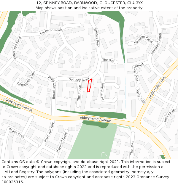 12, SPINNEY ROAD, BARNWOOD, GLOUCESTER, GL4 3YX: Location map and indicative extent of plot