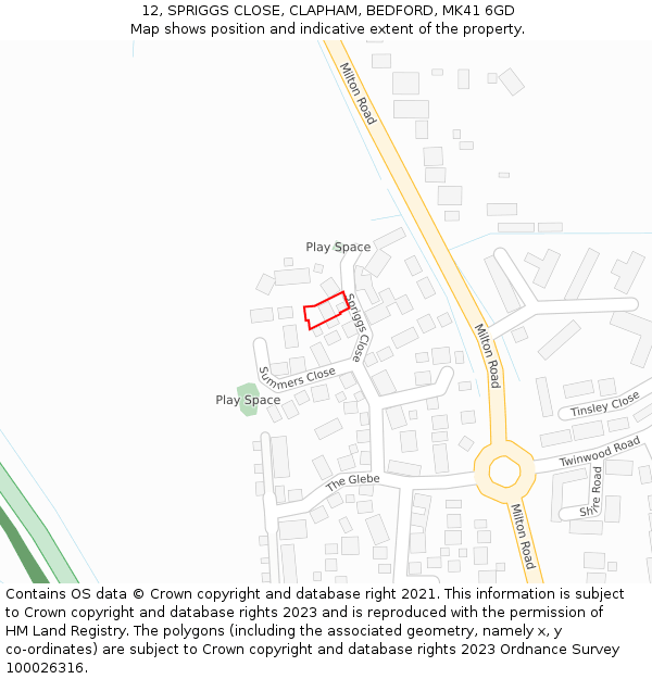 12, SPRIGGS CLOSE, CLAPHAM, BEDFORD, MK41 6GD: Location map and indicative extent of plot