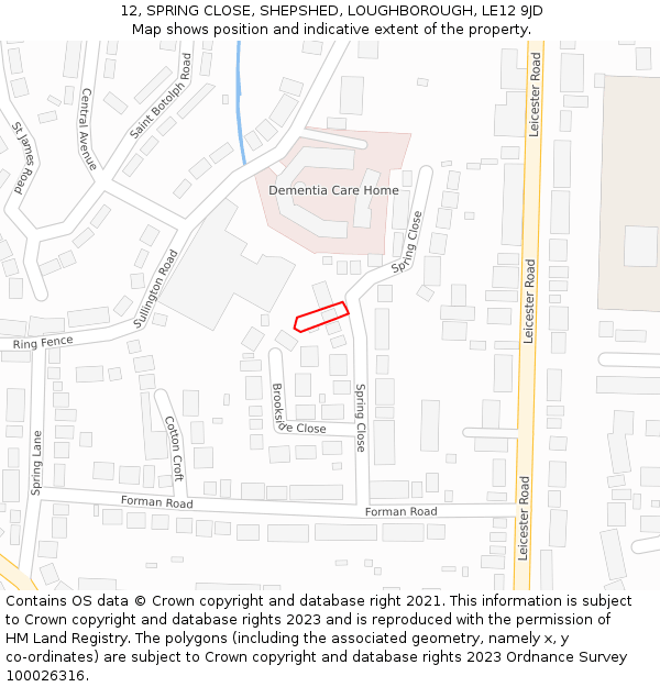12, SPRING CLOSE, SHEPSHED, LOUGHBOROUGH, LE12 9JD: Location map and indicative extent of plot