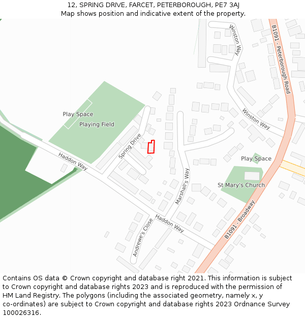 12, SPRING DRIVE, FARCET, PETERBOROUGH, PE7 3AJ: Location map and indicative extent of plot