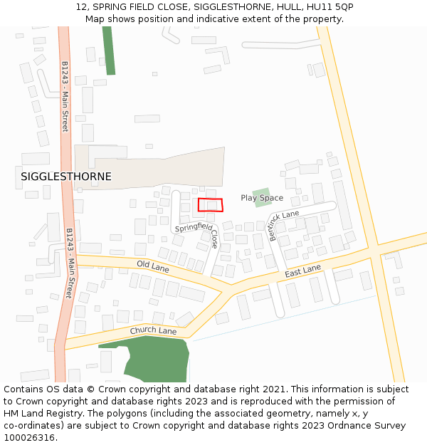 12, SPRING FIELD CLOSE, SIGGLESTHORNE, HULL, HU11 5QP: Location map and indicative extent of plot