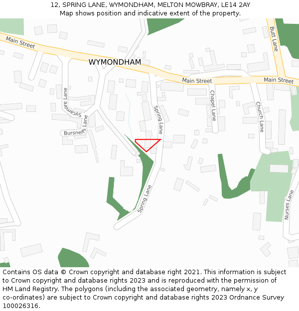 12, SPRING LANE, WYMONDHAM, MELTON MOWBRAY, LE14 2AY: Location map and indicative extent of plot