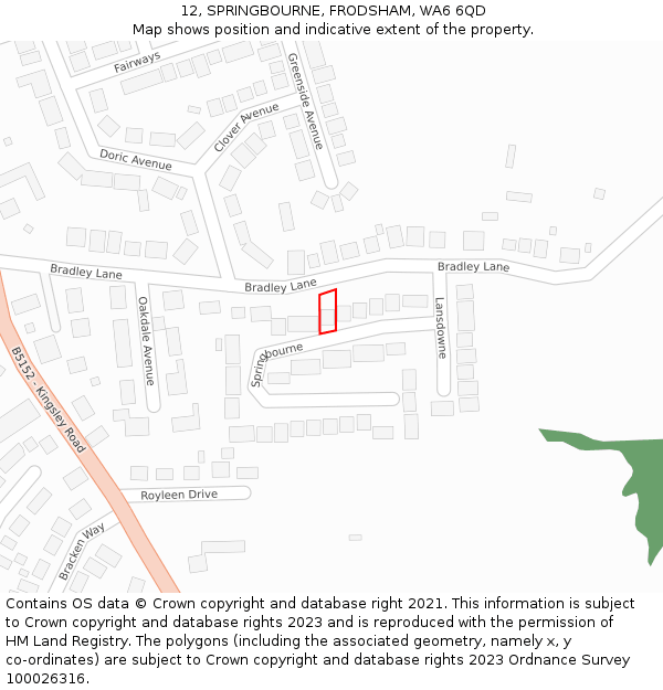 12, SPRINGBOURNE, FRODSHAM, WA6 6QD: Location map and indicative extent of plot