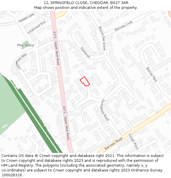 12, SPRINGFIELD CLOSE, CHEDDAR, BS27 3AR: Location map and indicative extent of plot