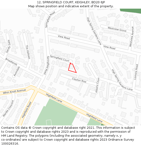 12, SPRINGFIELD COURT, KEIGHLEY, BD20 6JP: Location map and indicative extent of plot