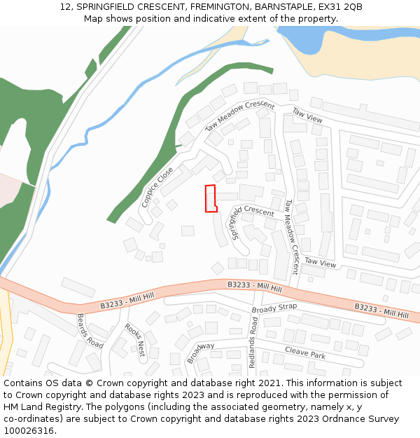 12, SPRINGFIELD CRESCENT, FREMINGTON, BARNSTAPLE, EX31 2QB: Location map and indicative extent of plot