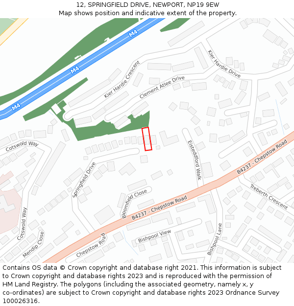 12, SPRINGFIELD DRIVE, NEWPORT, NP19 9EW: Location map and indicative extent of plot