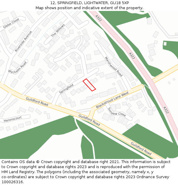 12, SPRINGFIELD, LIGHTWATER, GU18 5XP: Location map and indicative extent of plot