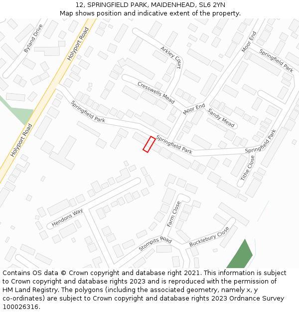 12, SPRINGFIELD PARK, MAIDENHEAD, SL6 2YN: Location map and indicative extent of plot