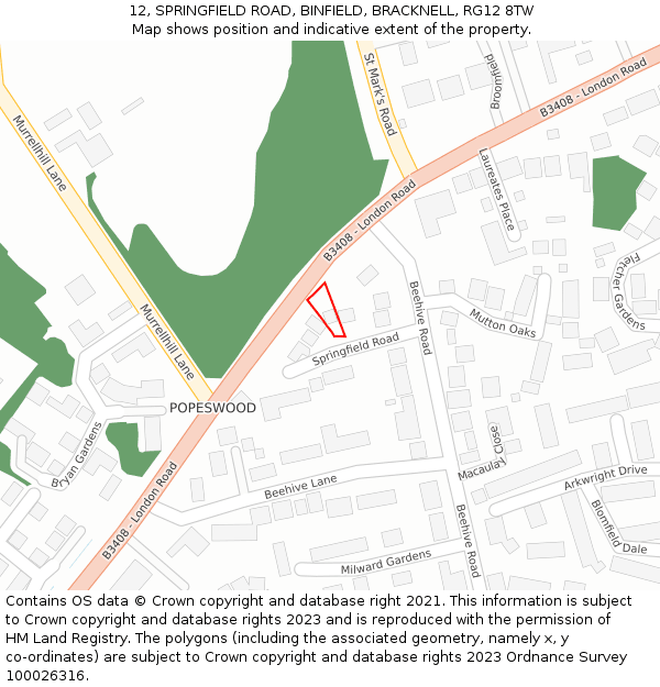 12, SPRINGFIELD ROAD, BINFIELD, BRACKNELL, RG12 8TW: Location map and indicative extent of plot