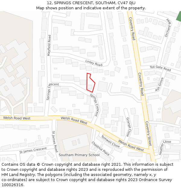 12, SPRINGS CRESCENT, SOUTHAM, CV47 0JU: Location map and indicative extent of plot