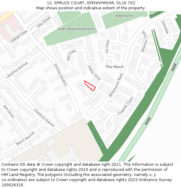 12, SPRUCE COURT, SPENNYMOOR, DL16 7XZ: Location map and indicative extent of plot