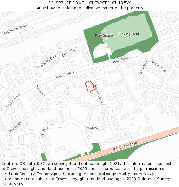 12, SPRUCE DRIVE, LIGHTWATER, GU18 5YX: Location map and indicative extent of plot