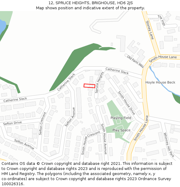 12, SPRUCE HEIGHTS, BRIGHOUSE, HD6 2JS: Location map and indicative extent of plot